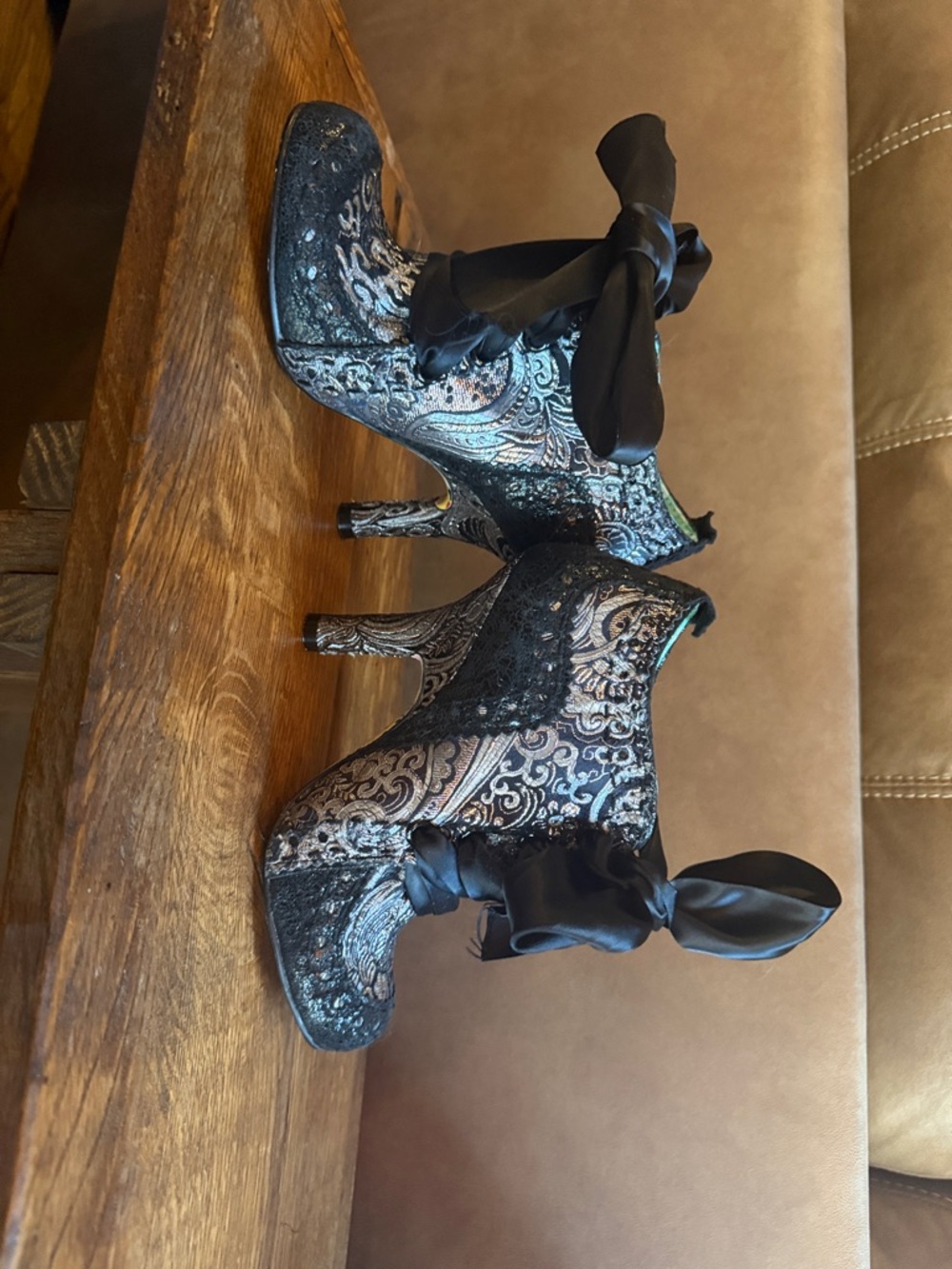 Irregular Choice Black Brocade Heeled Boots with Teal Lining - Picture 3 of 7